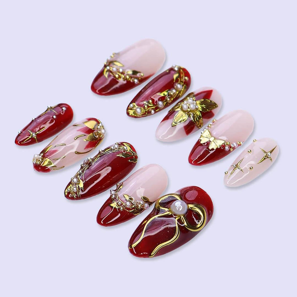 Christmas Press On Nails with Gold & Red Poinsettia | Medium Almond | Holiday Nail Art