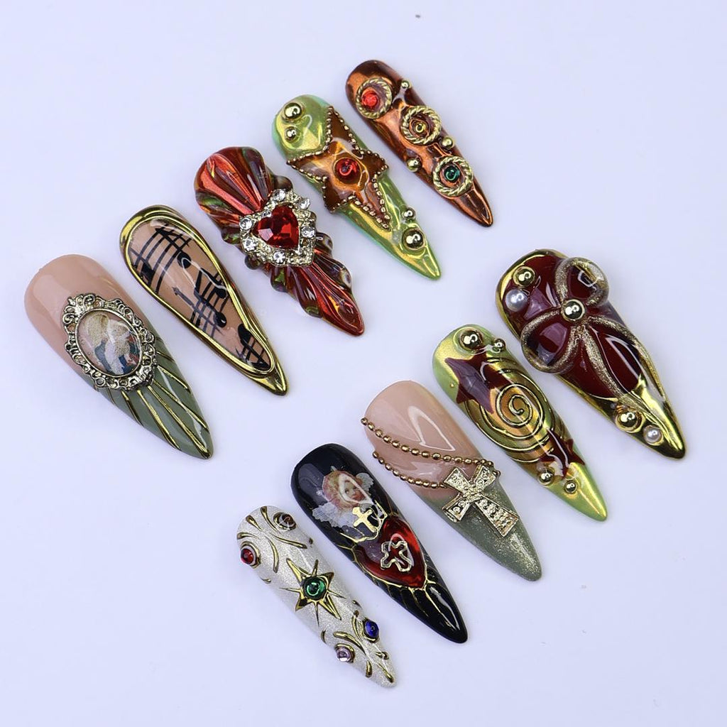 Christmas Baroque Press On Nails | Red Gold Vintage Heart & Cross Design | Handmade Holiday Nail Art