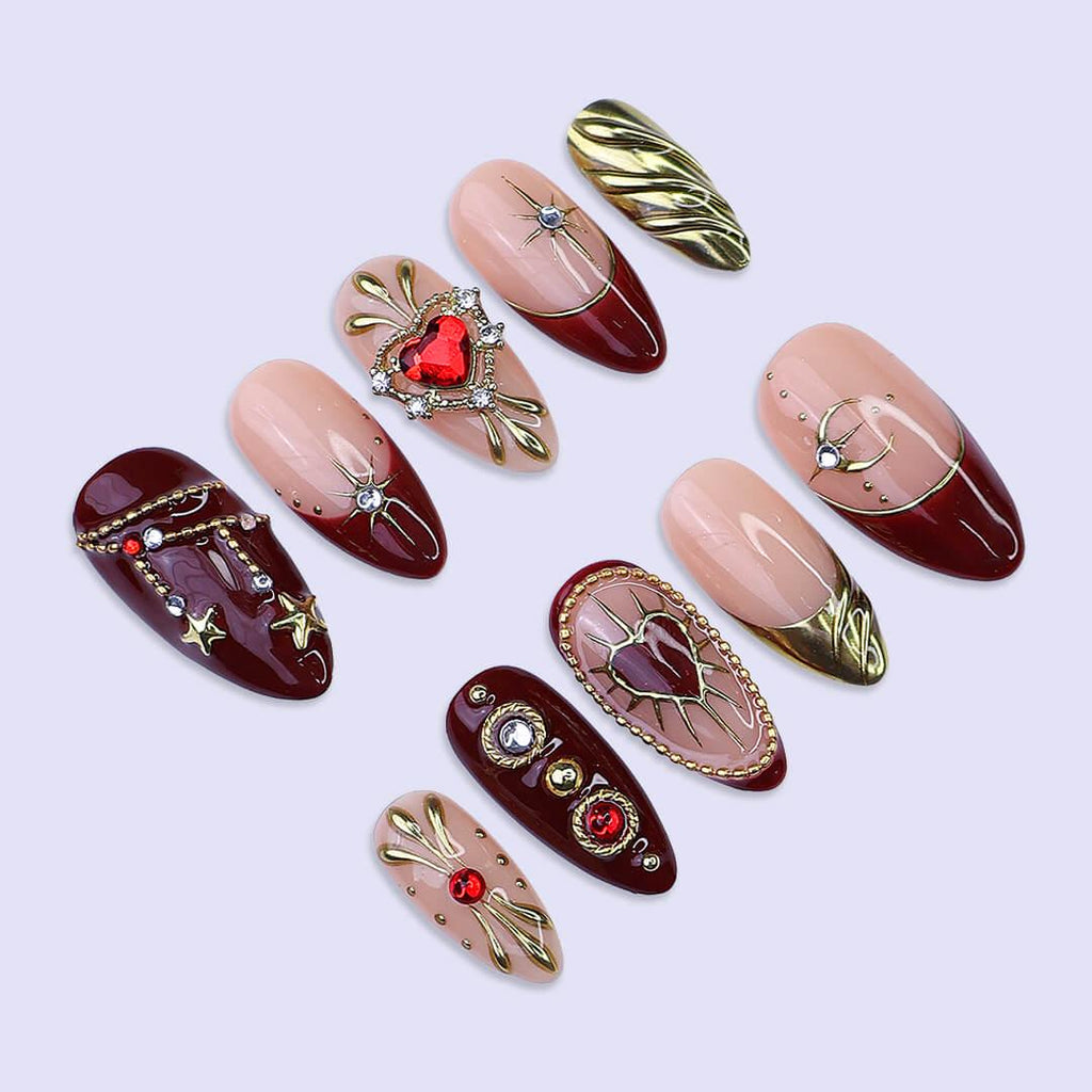 Red Heart & Gold Christmas Press On Nails | Medium Almond | Holiday Nail Art
