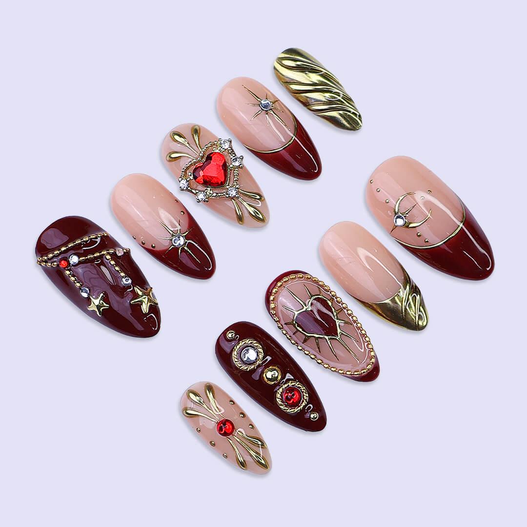 Red Heart & Gold Christmas Press On Nails | Medium Almond | Holiday Nail Art