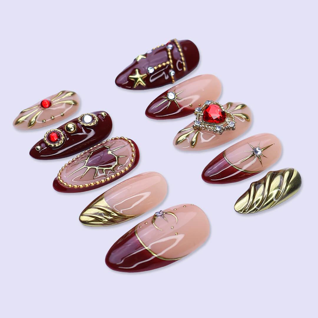 Red Heart & Gold Christmas Press On Nails | Medium Almond | Holiday Nail Art
