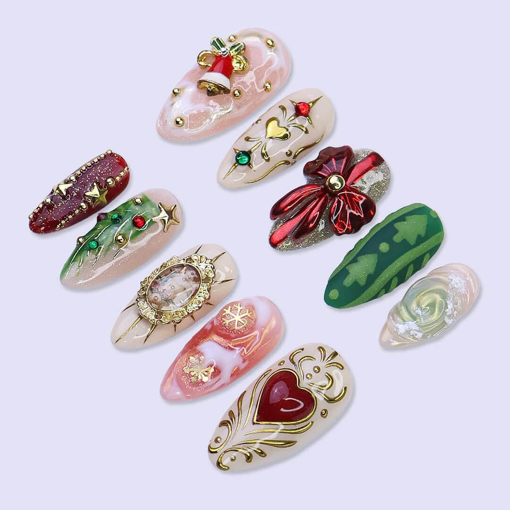 Christmas Tree, Bow & Heart Press On Nails | Medium Almond | Holiday Nail Art