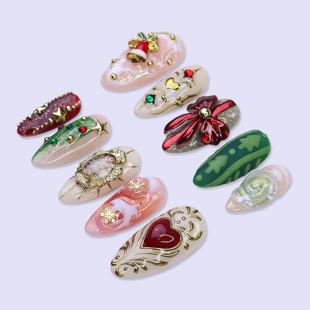 Christmas Tree, Bow & Heart Press On Nails | Medium Almond | Holiday Nail Art
