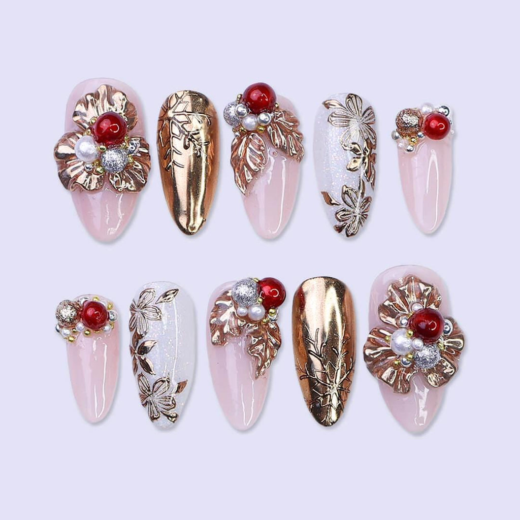 Luxury Gold Floral Christmas Press On Nails | Medium Almond | Handmade Holiday Nail Art