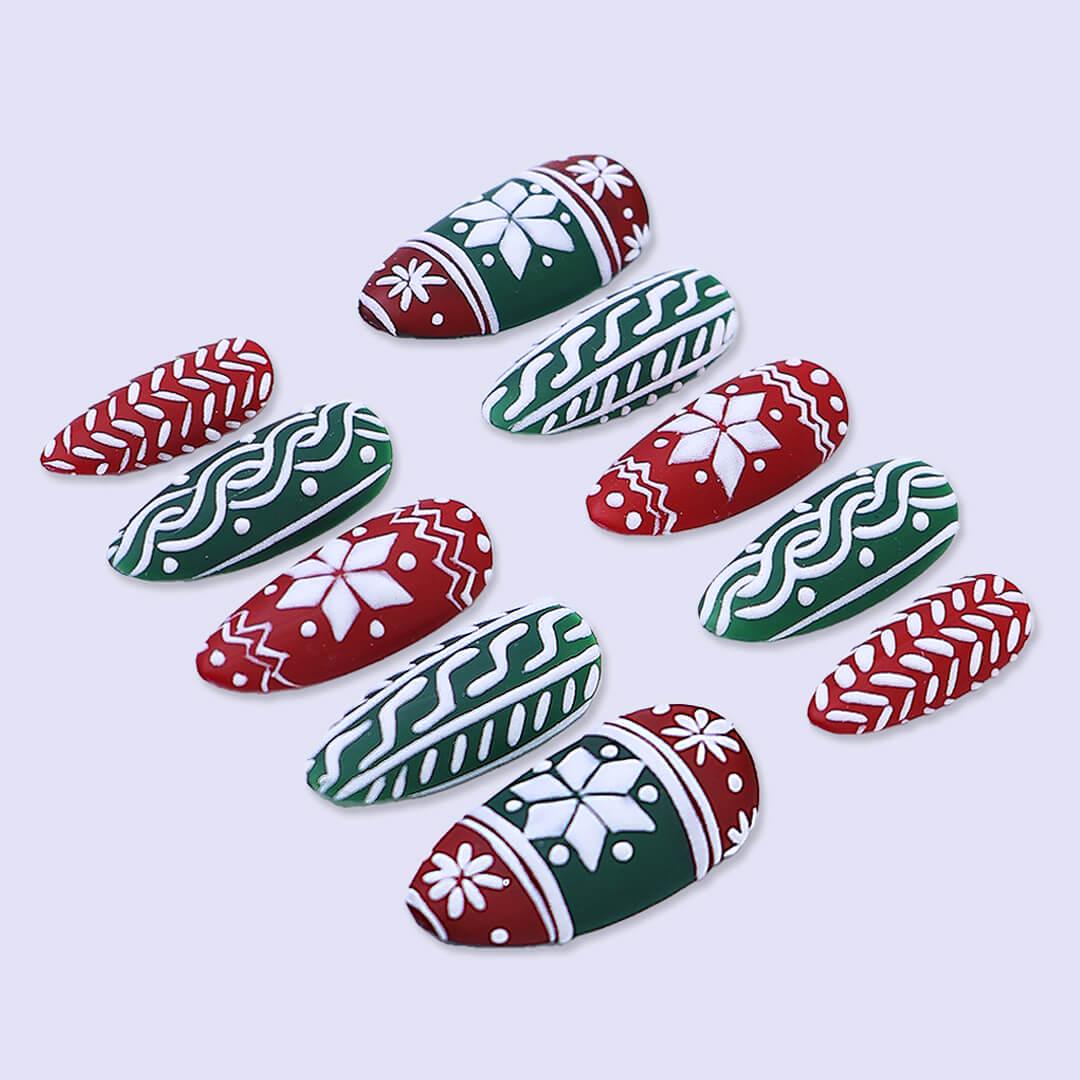 Christmas Sweater Press On Nails with Red & Green | Medium Almond | Handmade Holiday Nail Art