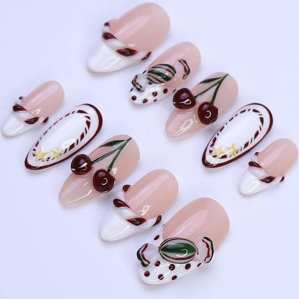 Christmas Cherry Press On Nails | Candy Swirl & French Tip Design | Handmade Medium Almond Nail Art