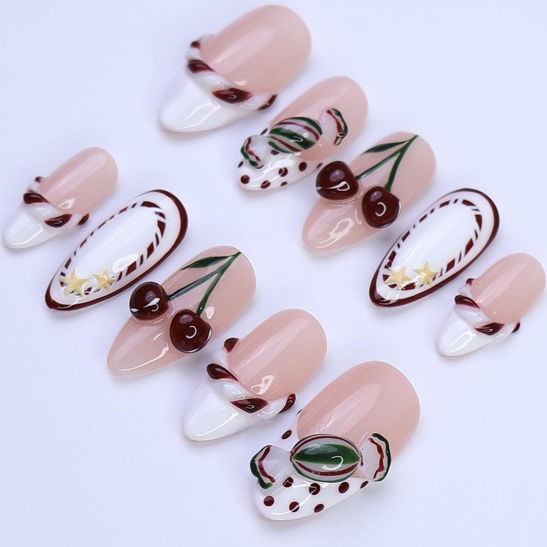Christmas Cherry Press On Nails | Candy Swirl & French Tip Design | Handmade Medium Almond Nail Art