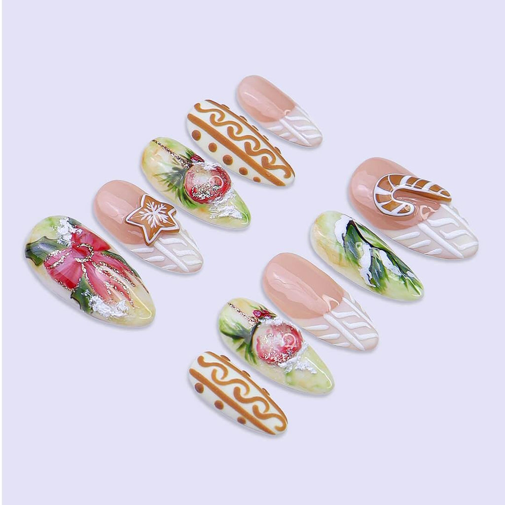 Christmas Gingerbread & Ornament Press On Nails | Medium Almond | Handmade Holiday Nail Art