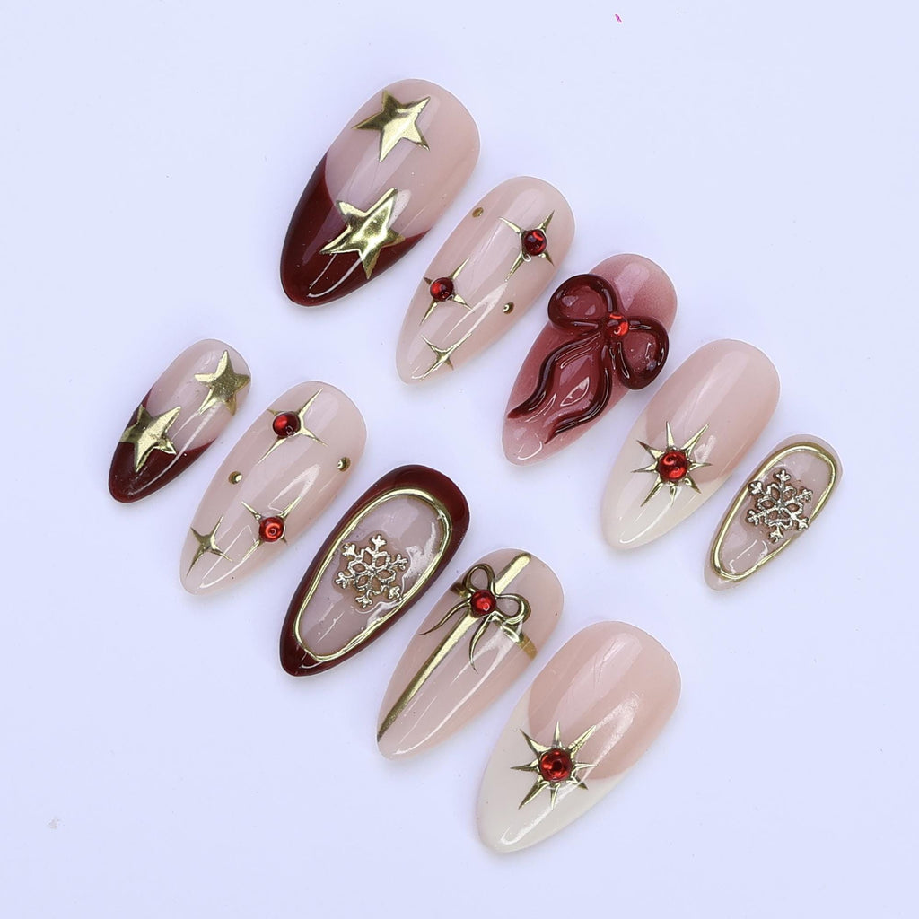 Christmas Bow & Star Press On Nails | Medium Almond | Handmade Holiday Nail Art