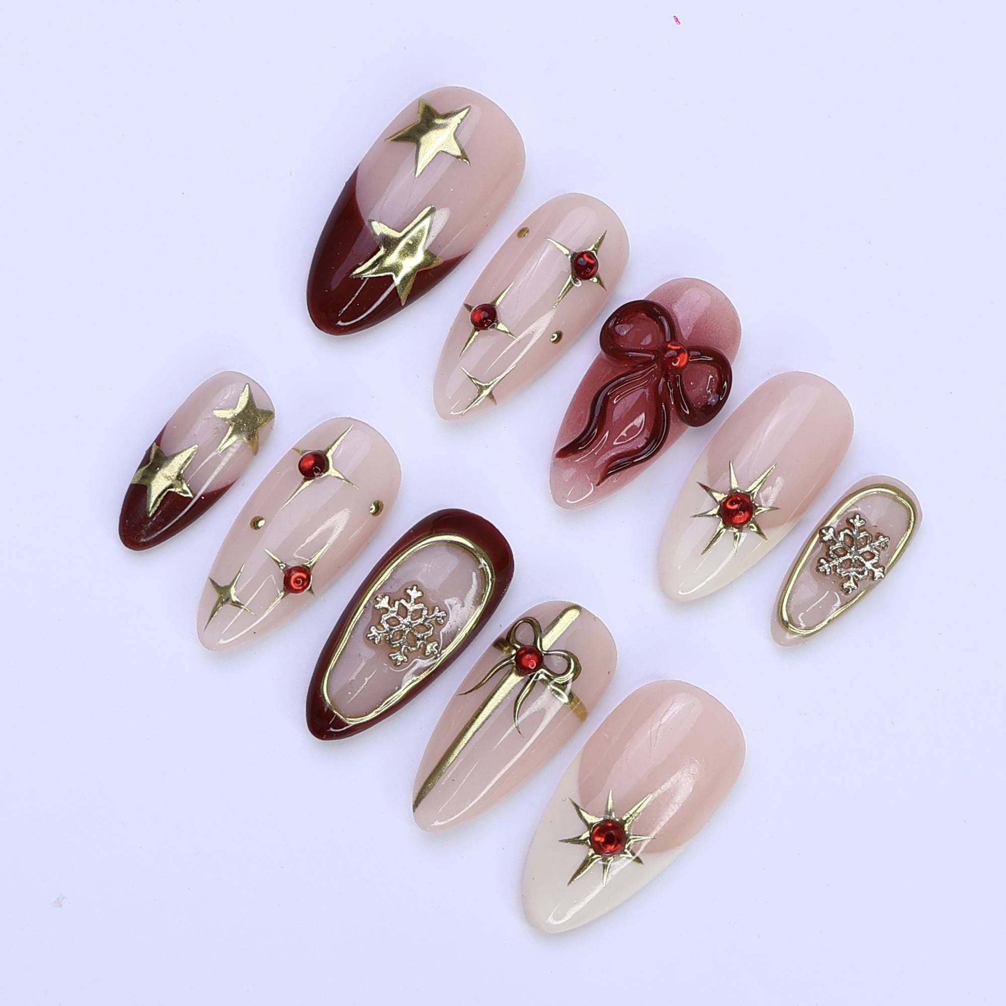 Christmas Bow & Star Press On Nails | Medium Almond | Handmade Holiday Nail Art