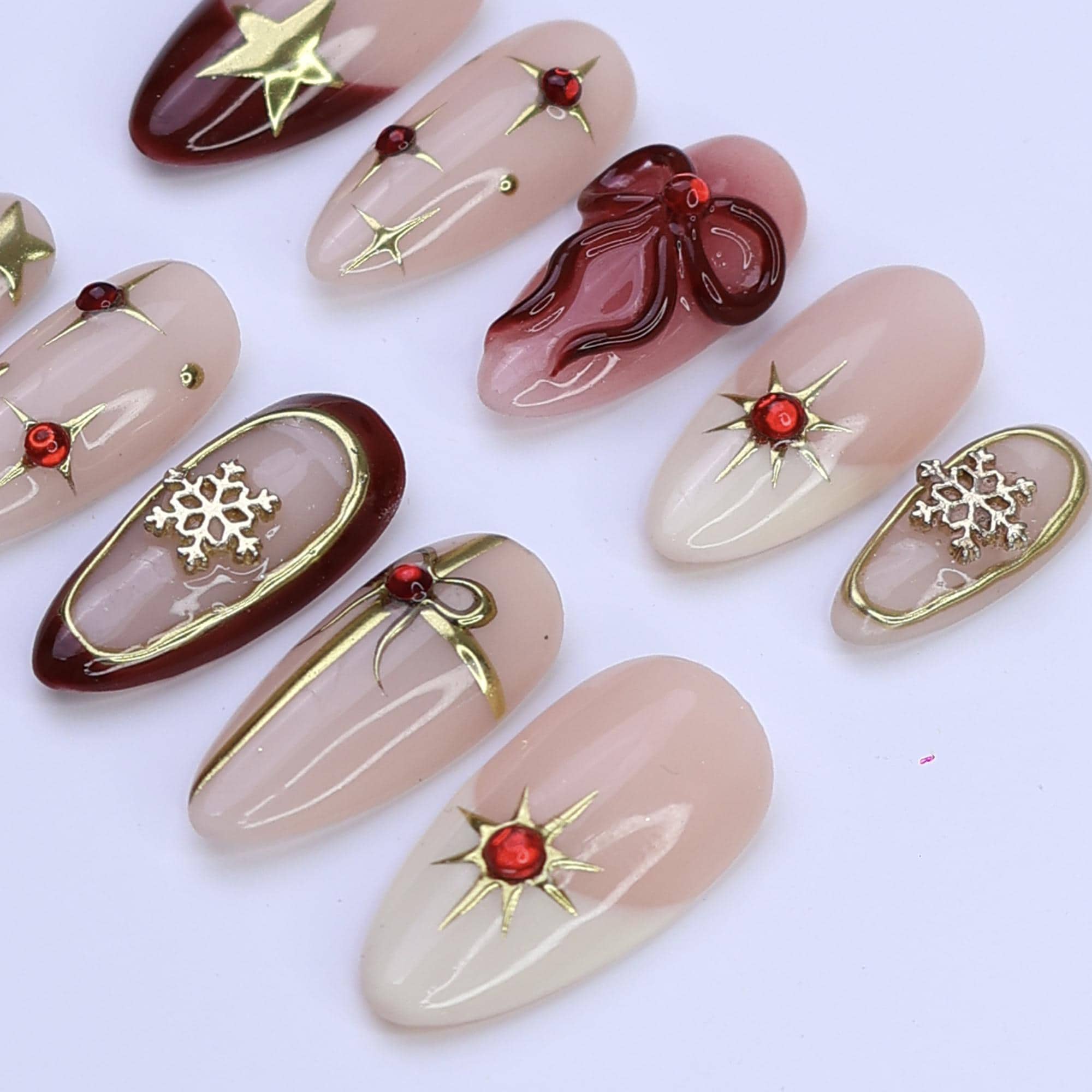 Christmas Bow & Star Press On Nails | Medium Almond | Handmade Holiday Nail Art