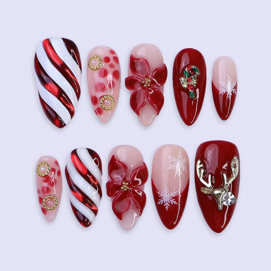 Christmas Press On Nails | Red Candy Cane, Poinsettia & Reindeer Design | Medium Almond | Handmade Holiday Nail Art