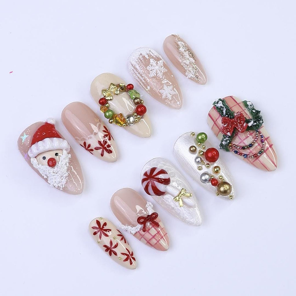 Festive Medium Almond Press-On Nails: Santa Claus, Wreath, Snowflakes & Candy Designs - Perfect for Christmas Day Gifts