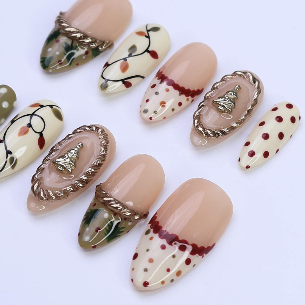 Christmas Press On Nails with Tree Charm & Polka Dots | Trending Holiday Nail Art | Medium Almond