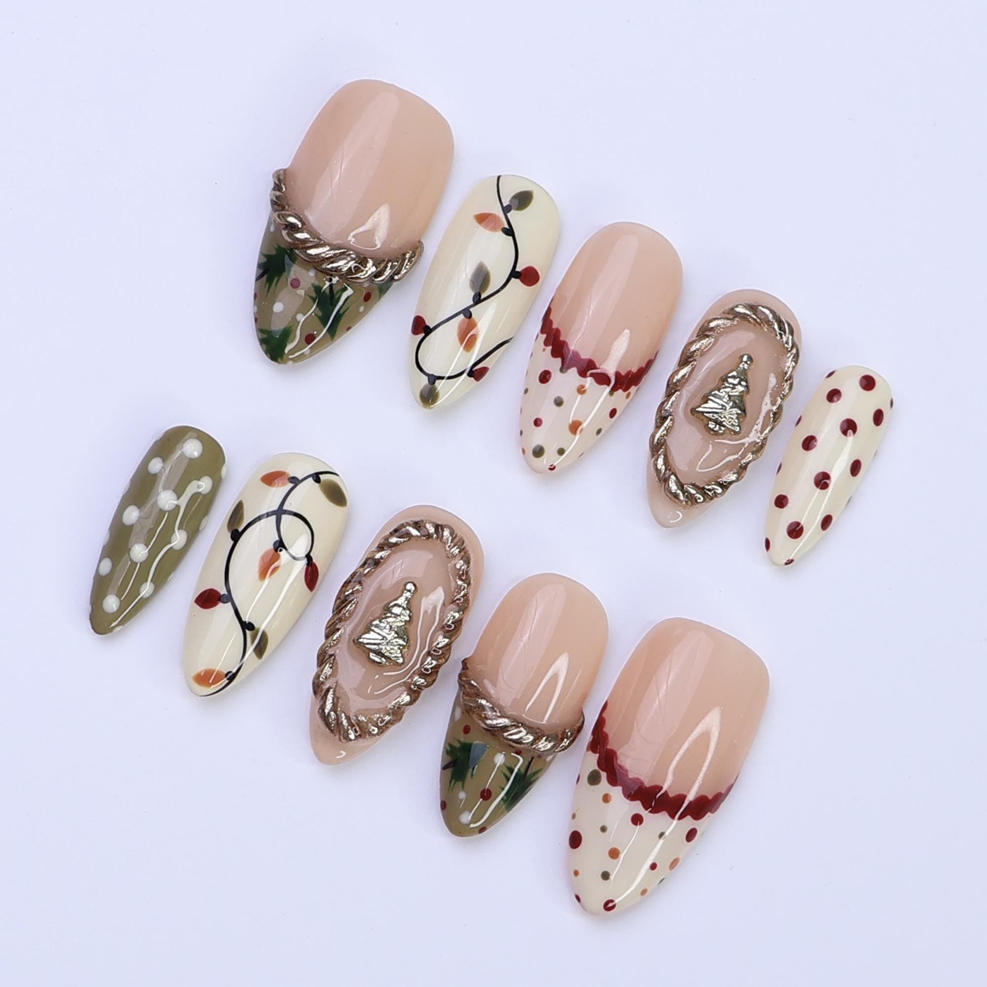 Christmas Press On Nails with Tree Charm & Polka Dots | Trending Holiday Nail Art | Medium Almond