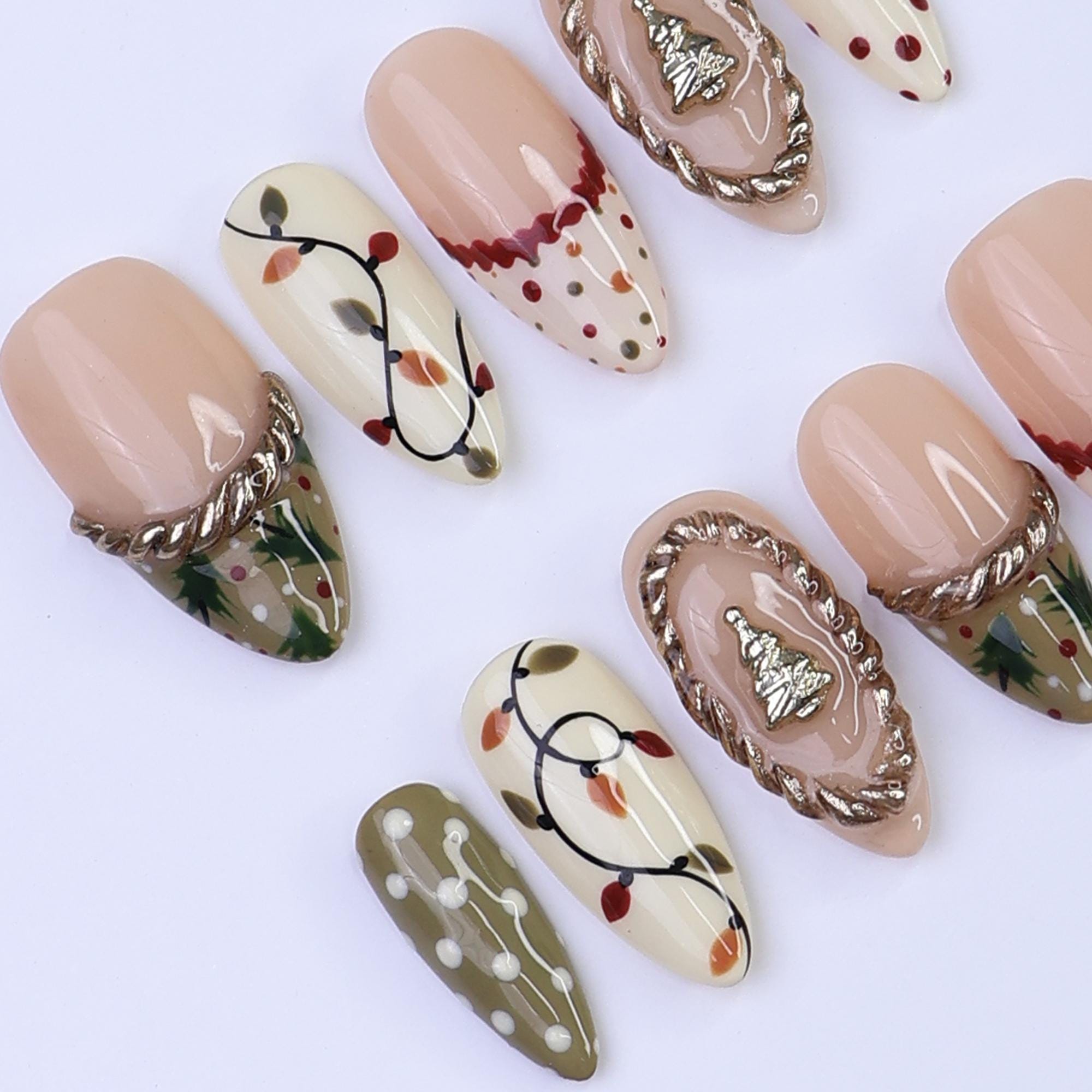 Christmas Press On Nails with Tree Charm & Polka Dots | Trending Holiday Nail Art | Medium Almond