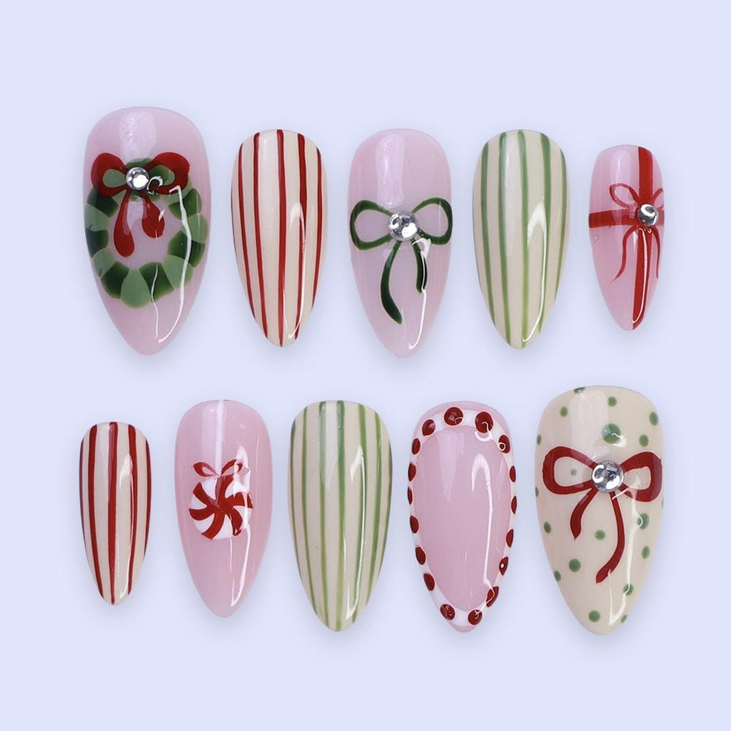 Christmas Press-On Nails with Wreath, Candy Stripes & Bow Designs | Medium Almond Fake Nails | Handmade Nail Art for Everyday Wear or Gift