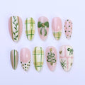Christmas Press-On Nails with Green Plaid, Bow, Tree Designs | Medium Almond Fake Nail | Handmade Holiday Nail Art for Everyday Wear or Gift