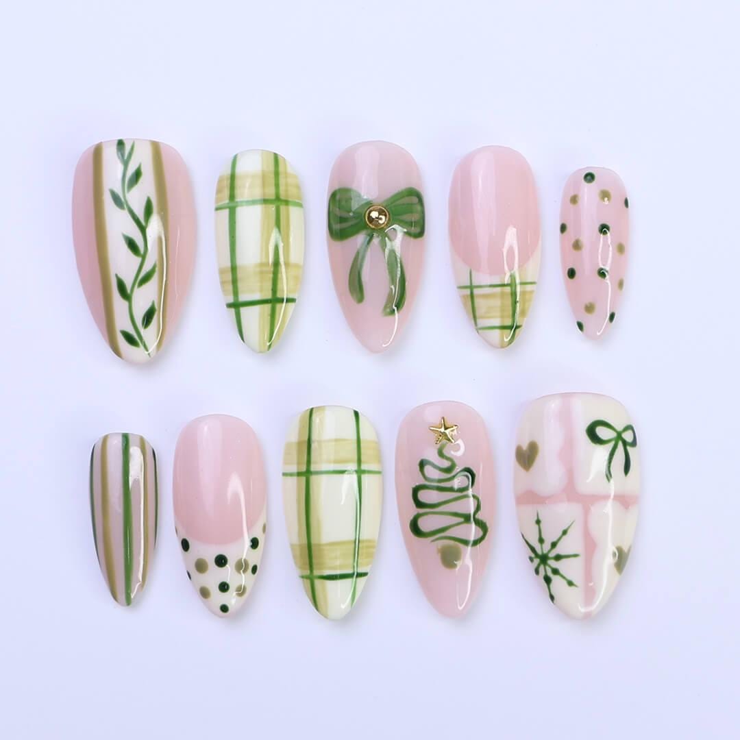 Christmas Press-On Nails with Green Plaid, Bow, Tree Designs | Medium Almond Fake Nail | Handmade Holiday Nail Art for Everyday Wear or Gift