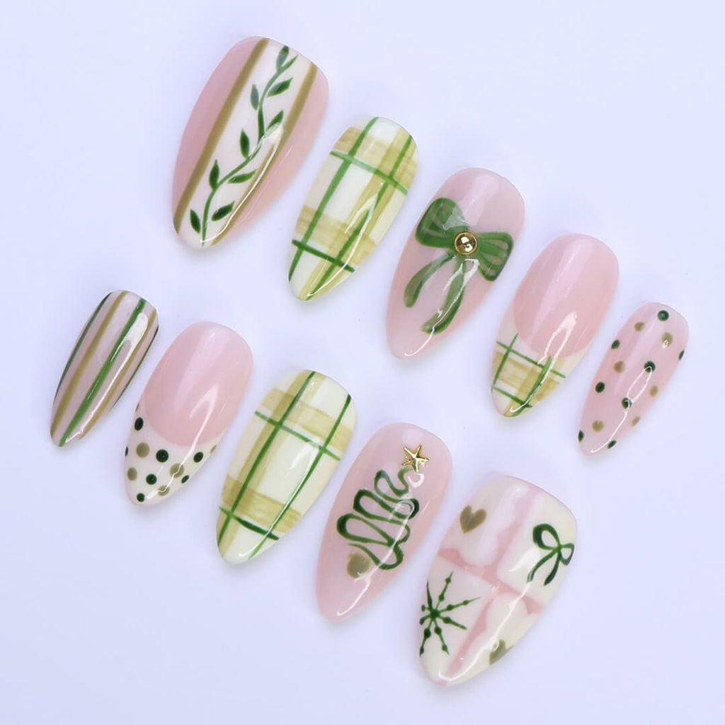 Christmas Press-On Nails with Green Plaid, Bow, Tree Designs | Medium Almond Fake Nail | Handmade Holiday Nail Art for Everyday Wear or Gift