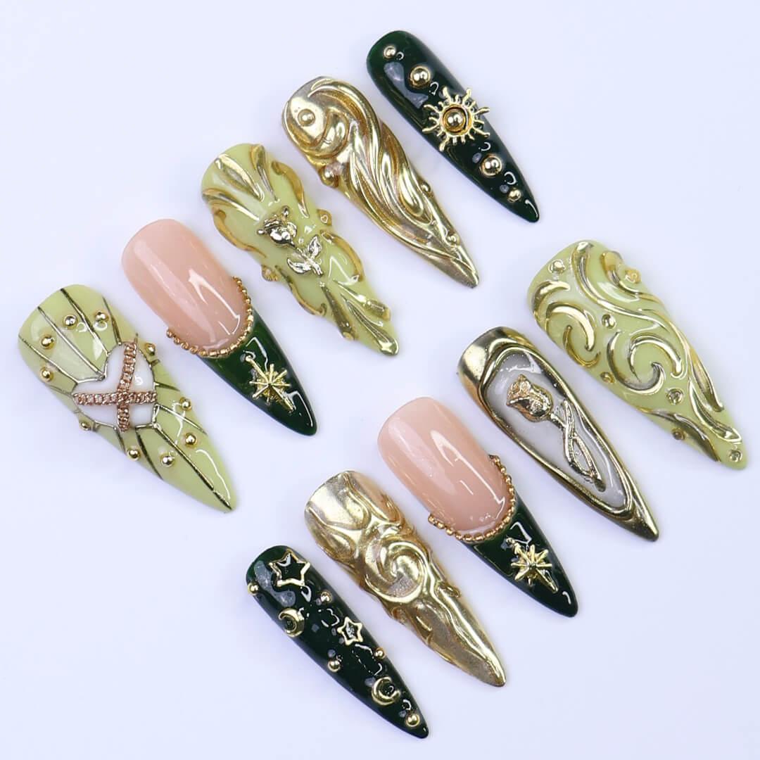 Luxury Green & Gold Press-On Nails with Baroque Swirl, Star, Moon Designs | Long Almond Fake Nails | Handmade Nail Art for Events or Gifts