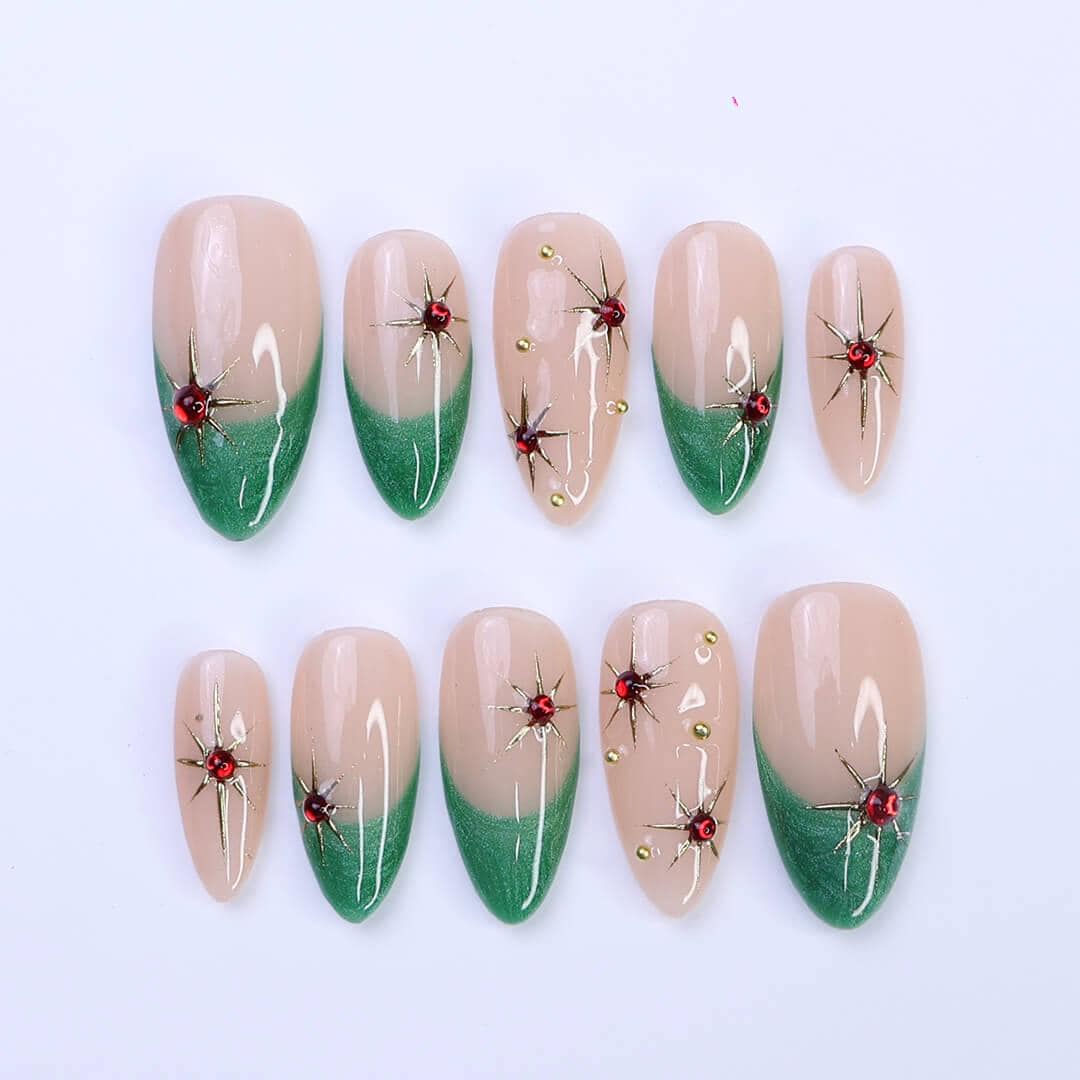 Green French Tip Press-On Nails with Red Gem Starburst | Medium Almond Fake Nails | Handmade Holiday Nail Art for Everyday Wear or Gift