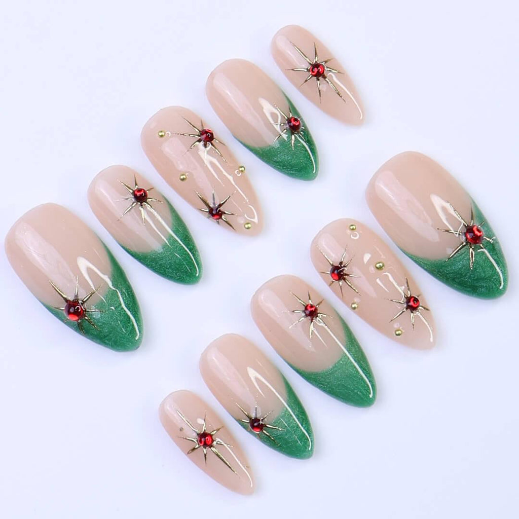 Green French Tip Press-On Nails with Red Gem Starburst | Medium Almond Fake Nails | Handmade Holiday Nail Art for Everyday Wear or Gift
