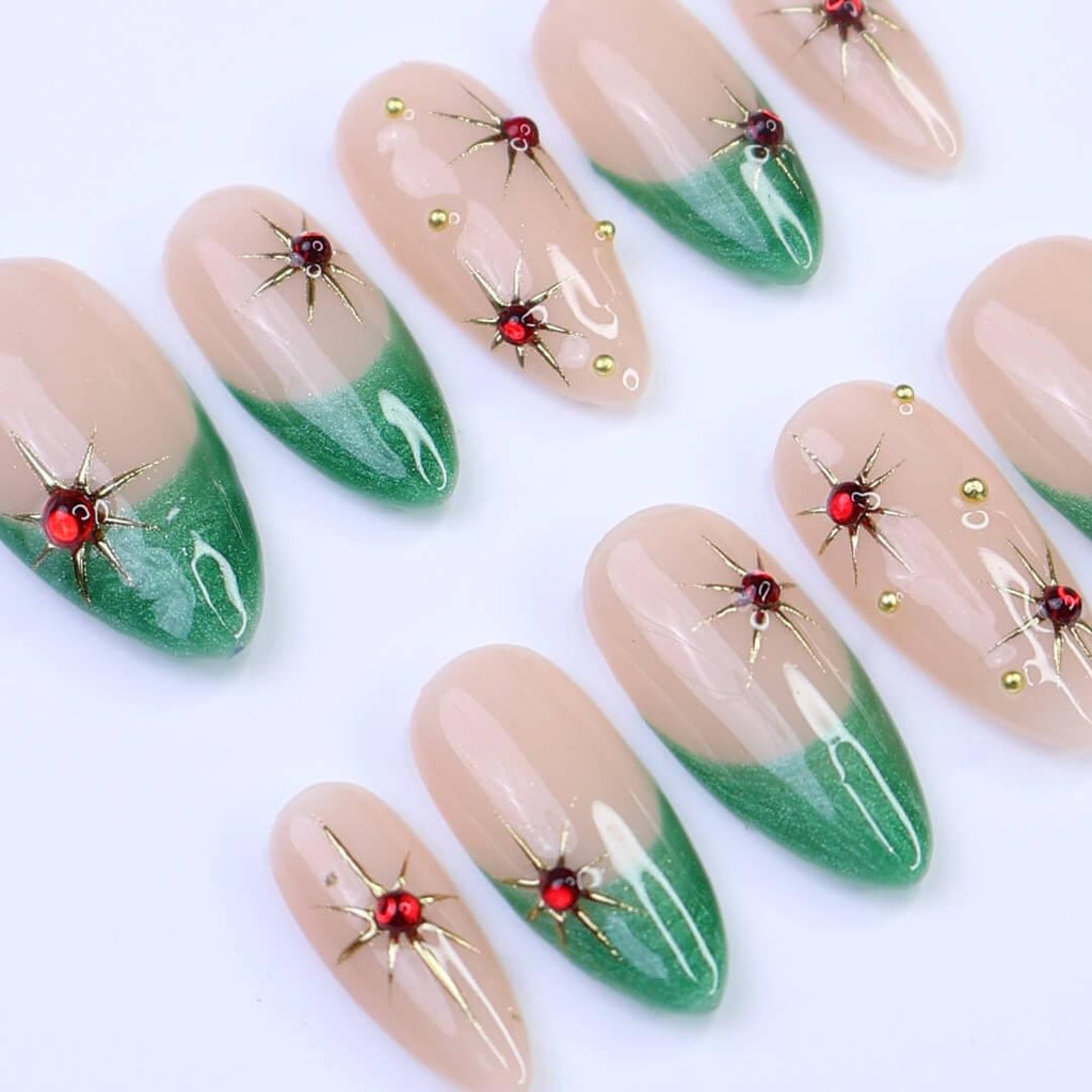 Green French Tip Press-On Nails with Red Gem Starburst | Medium Almond Fake Nails | Handmade Holiday Nail Art for Everyday Wear or Gift