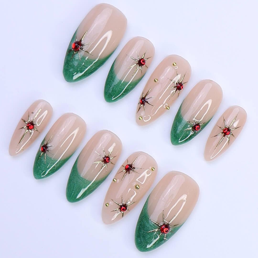 Green French Tip Press-On Nails with Red Gem Starburst | Medium Almond Fake Nails | Handmade Holiday Nail Art for Everyday Wear or Gift