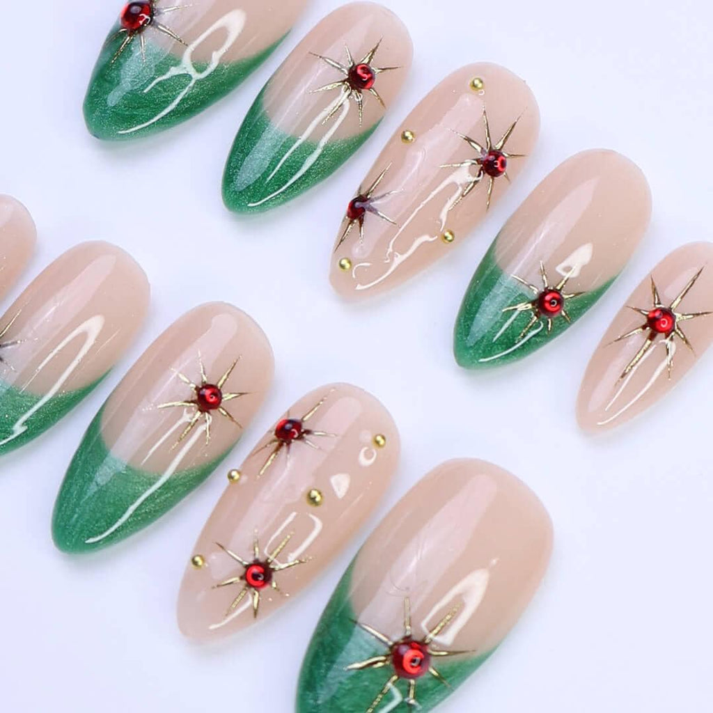 Green French Tip Press-On Nails with Red Gem Starburst | Medium Almond Fake Nails | Handmade Holiday Nail Art for Everyday Wear or Gift