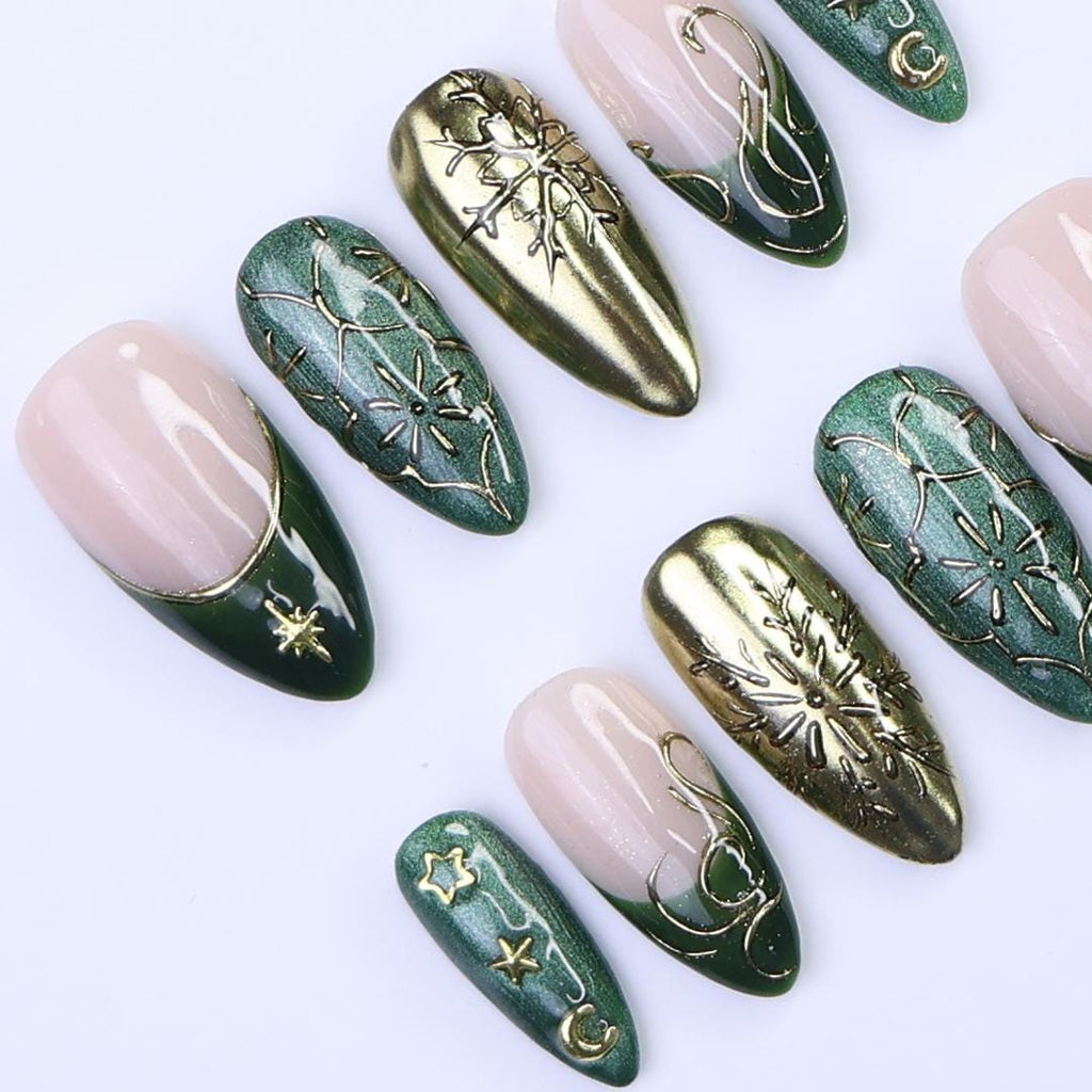 Christmas Press-On Nails in Green & Gold with Snowflake, Star and Moon Designs | Medium Almond Fake Nails | Handmade Holiday Nail Art