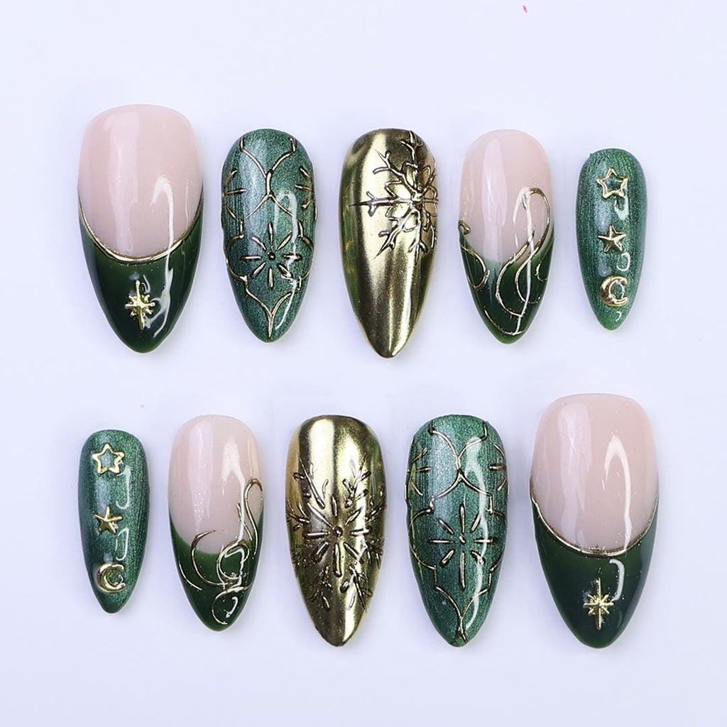 Christmas Press-On Nails in Green & Gold with Snowflake, Star and Moon Designs | Medium Almond Fake Nails | Handmade Holiday Nail Art