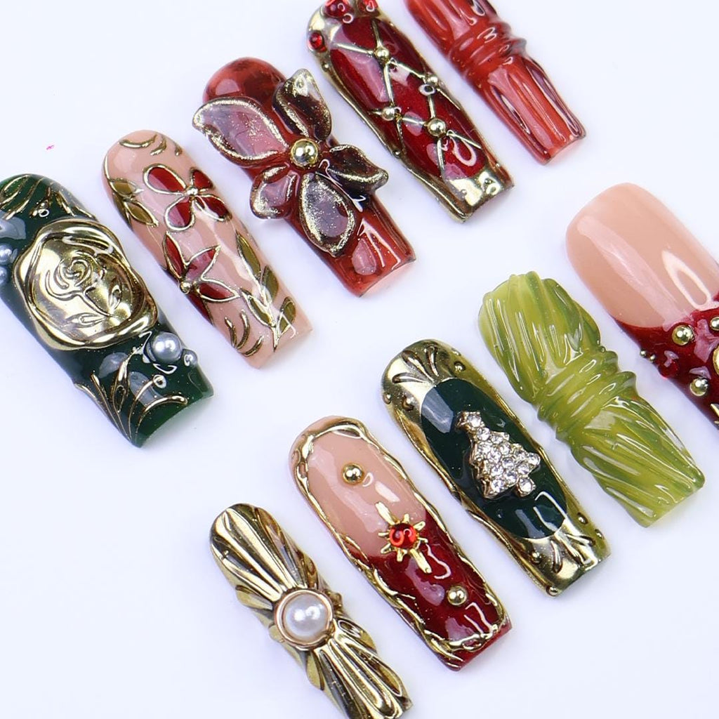 Christmas Press-On Nails with 3D Flowers, Christmas Tree & Celestial | Long Square Fake Nails | Handmade Luxury Holiday Nail Art