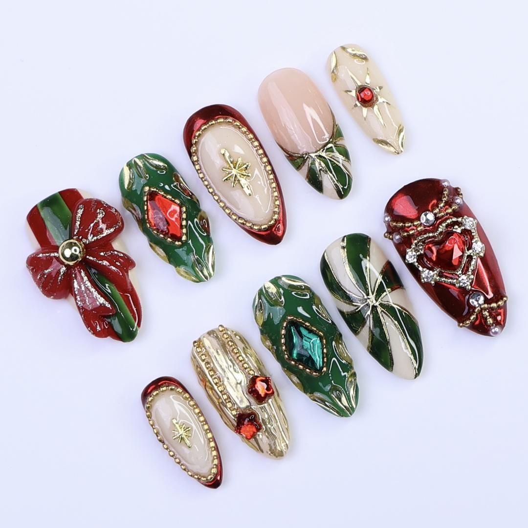 Christmas Press-On Nails with Red Bow, Emerald Gem & Gold Star Designs | Medium Almond Fake Nails | Handmade Luxury Holiday Nail Art
