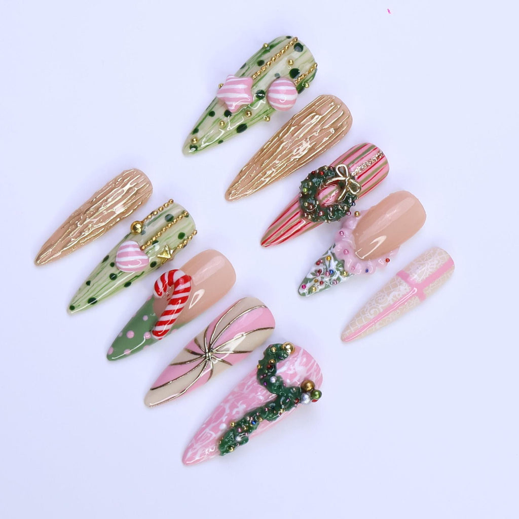 Christmas Press-On Nails with Candy Cane, Wreath & Ornament Designs | Long Almond Fake Nails | Handmade Pastel Holiday Nail Art