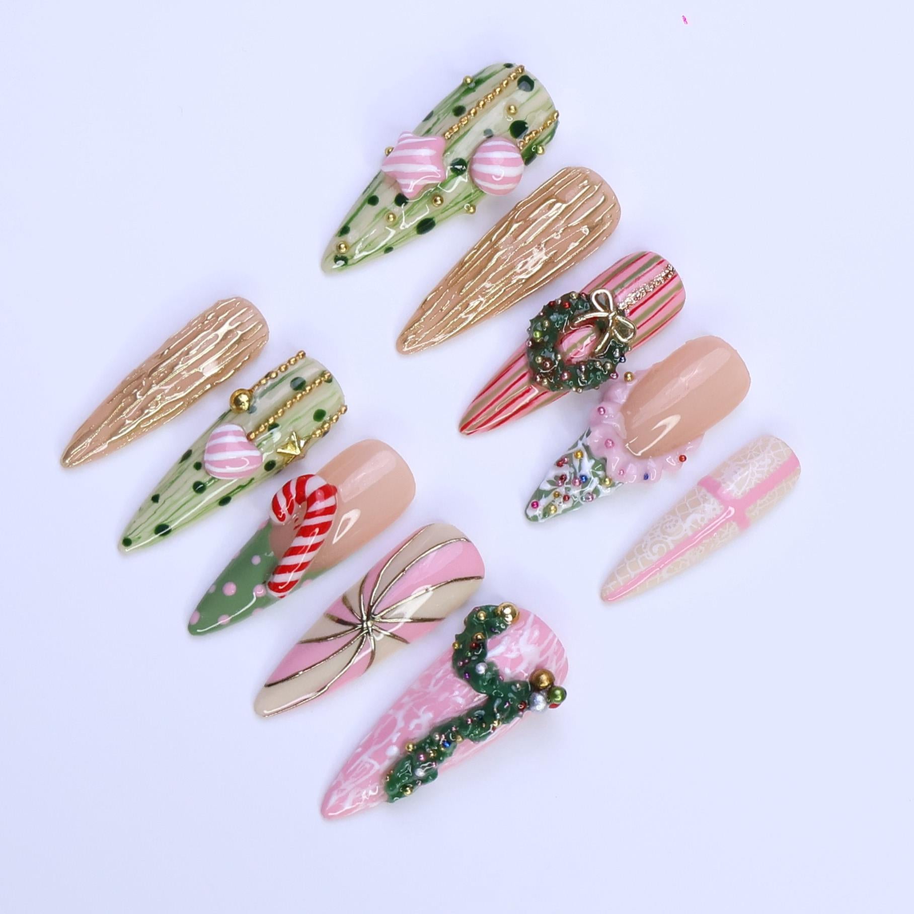 Christmas Press-On Nails with Candy Cane, Wreath & Ornament Designs | Long Almond Fake Nails | Handmade Pastel Holiday Nail Art