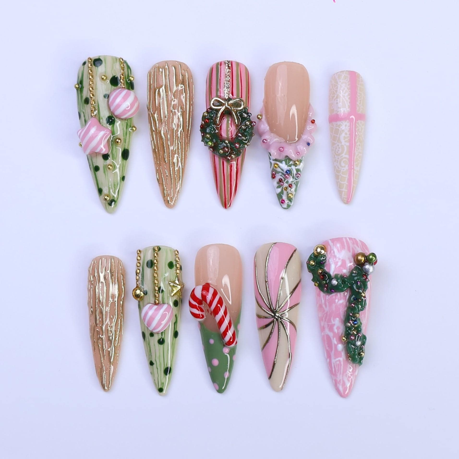 Christmas Press-On Nails with Candy Cane, Wreath & Ornament Designs | Long Almond Fake Nails | Handmade Pastel Holiday Nail Art