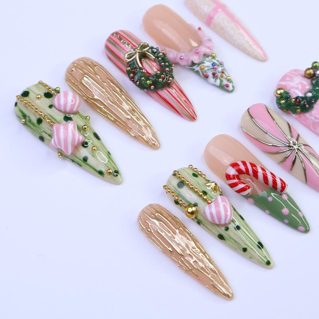 Christmas Press-On Nails with Candy Cane, Wreath & Ornament Designs | Long Almond Fake Nails | Handmade Pastel Holiday Nail Art