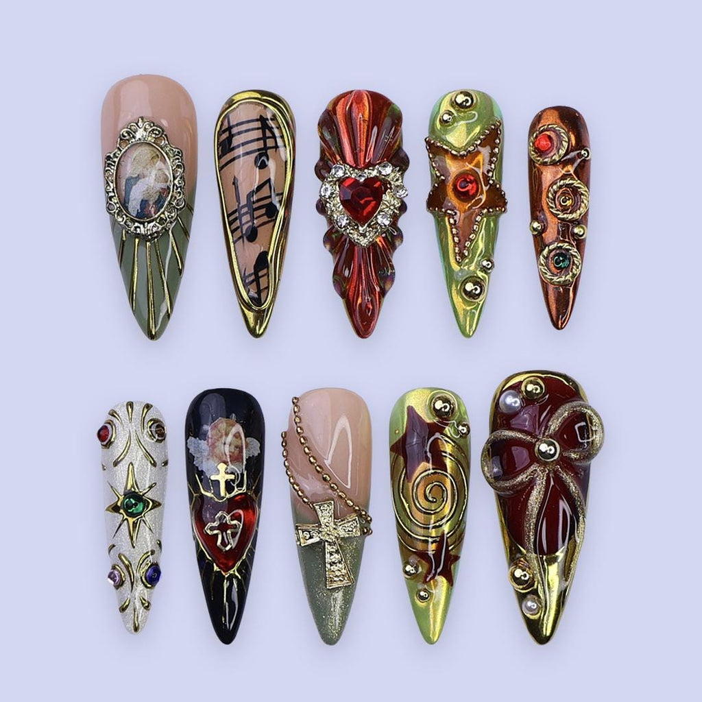 Christmas Baroque Press On Nails | Red Gold Vintage Heart & Cross Design | Handmade Holiday Nail Art
