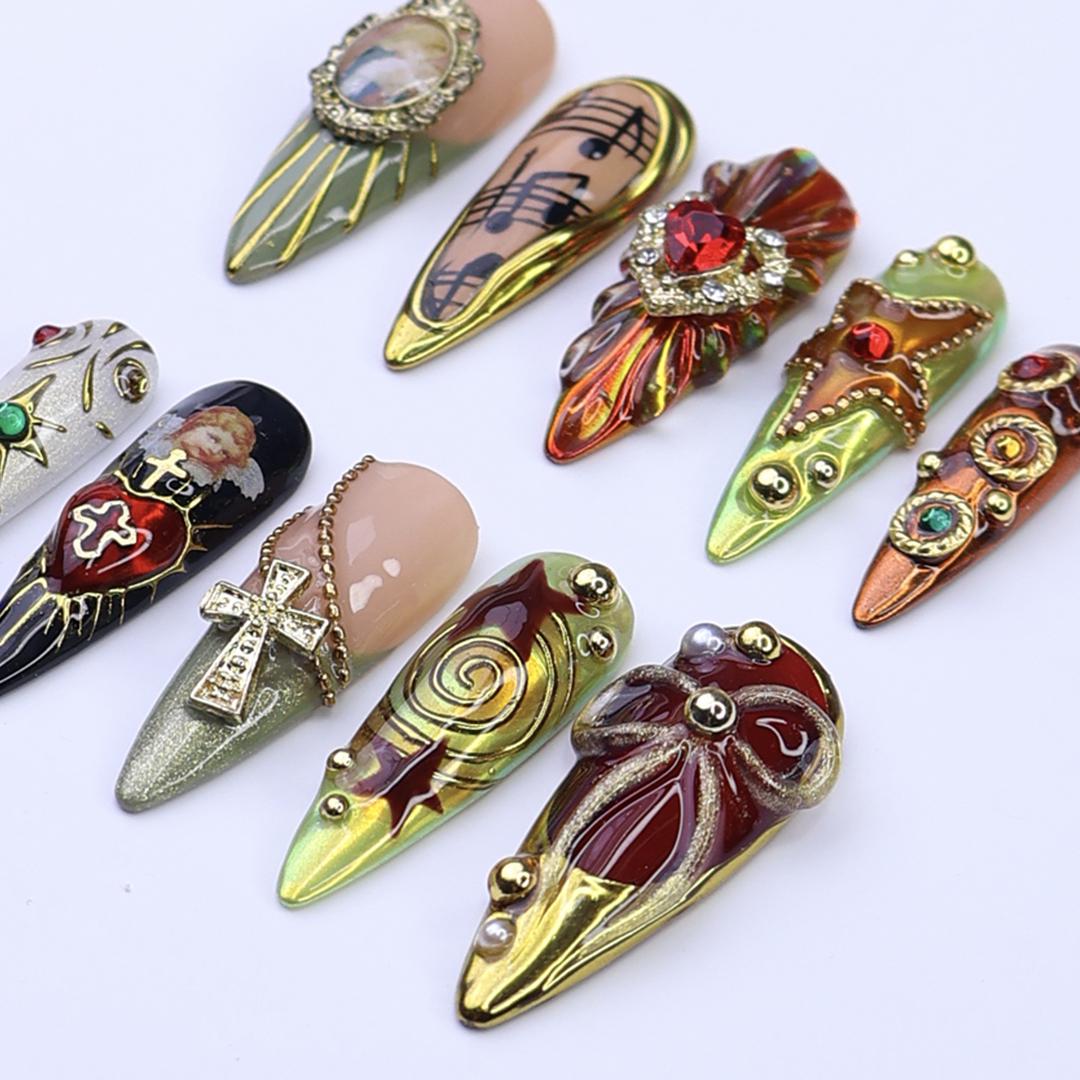Christmas Baroque Press On Nails | Red Gold Vintage Heart & Cross Design | Handmade Holiday Nail Art