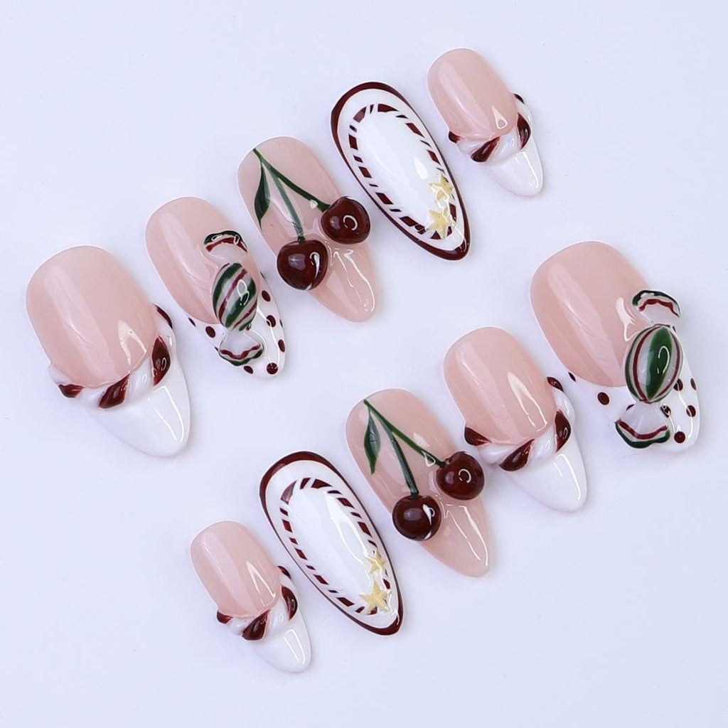 Christmas Cherry Press On Nails | Candy Swirl & French Tip Design | Handmade Medium Almond Nail Art