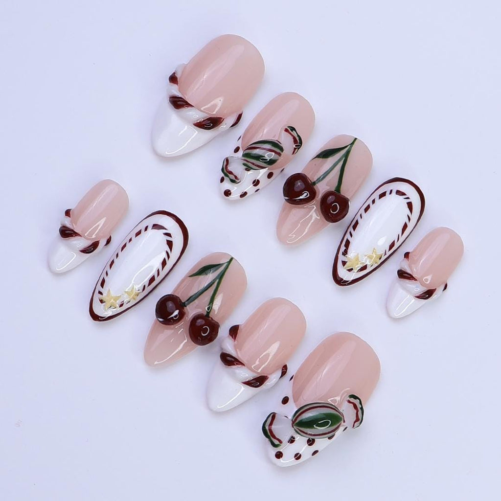 Christmas Cherry Press On Nails | Candy Swirl & French Tip Design | Handmade Medium Almond Nail Art