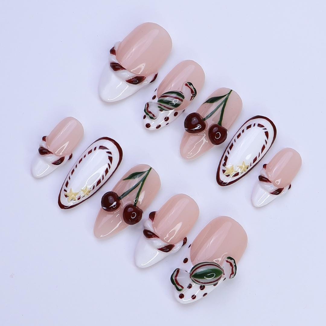Christmas Cherry Press On Nails | Candy Swirl & French Tip Design | Handmade Medium Almond Nail Art