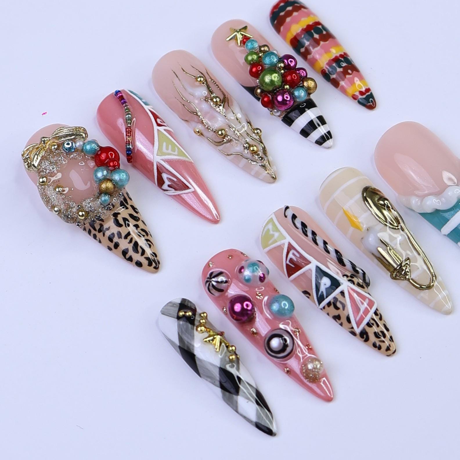 Christmas Press-On Nails with Wreath, Tree, Ornaments & Pattern Mix | Long Almond Fake Nails | Festive Handmade Holiday Nail Art