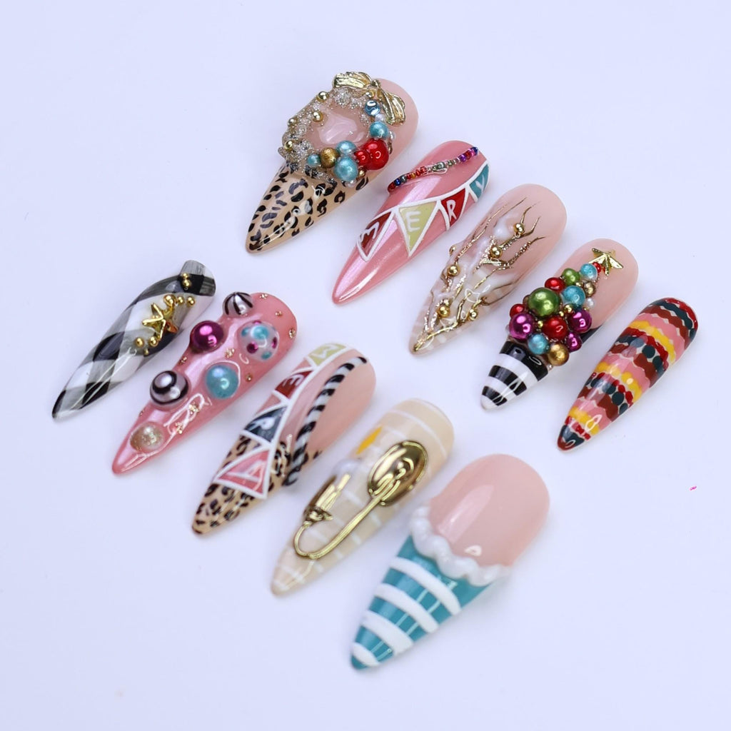 Christmas Press-On Nails with Wreath, Tree, Ornaments & Pattern Mix | Long Almond Fake Nails | Festive Handmade Holiday Nail Art