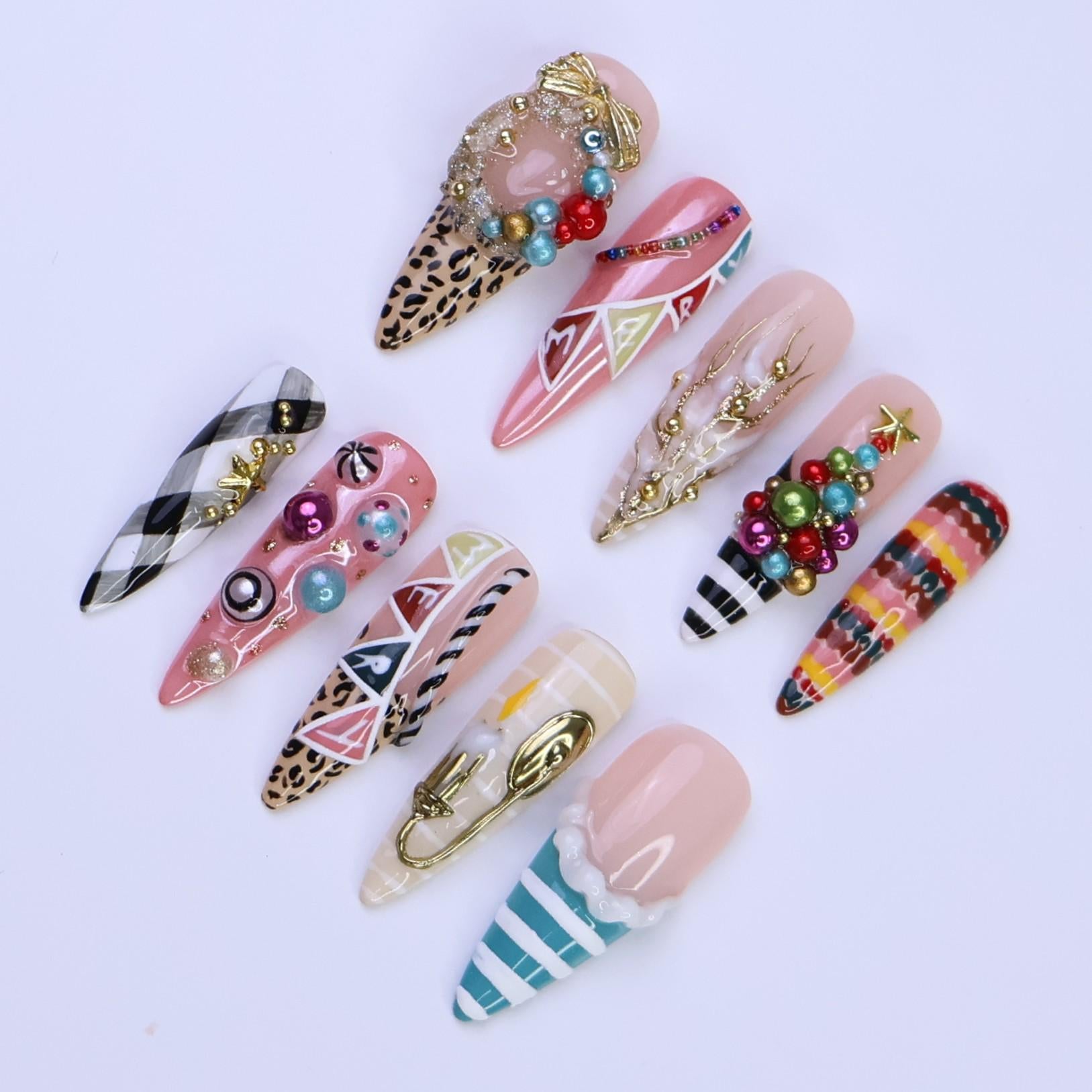 Christmas Press-On Nails with Wreath, Tree, Ornaments & Pattern Mix | Long Almond Fake Nails | Festive Handmade Holiday Nail Art