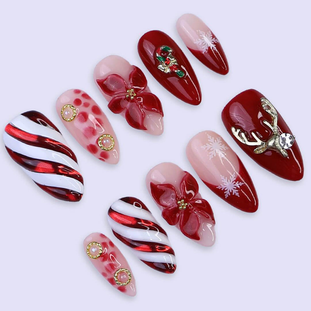 Christmas Press On Nails | Red Candy Cane, Poinsettia & Reindeer Design | Medium Almond | Handmade Holiday Nail Art