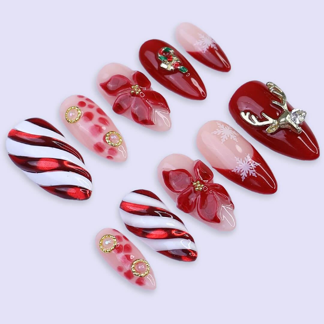 Christmas Press On Nails | Red Candy Cane, Poinsettia & Reindeer Design | Medium Almond | Handmade Holiday Nail Art