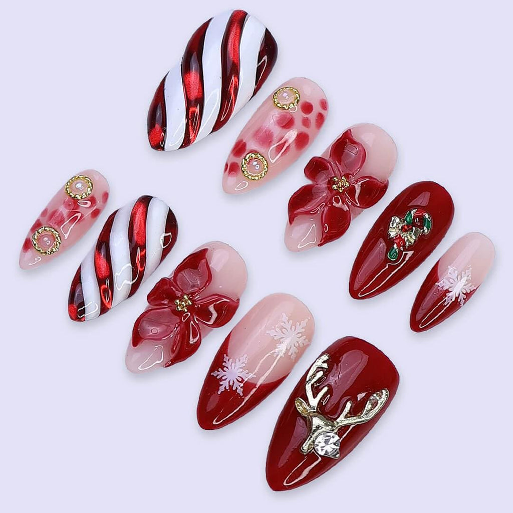 Christmas Press On Nails | Red Candy Cane, Poinsettia & Reindeer Design | Medium Almond | Handmade Holiday Nail Art