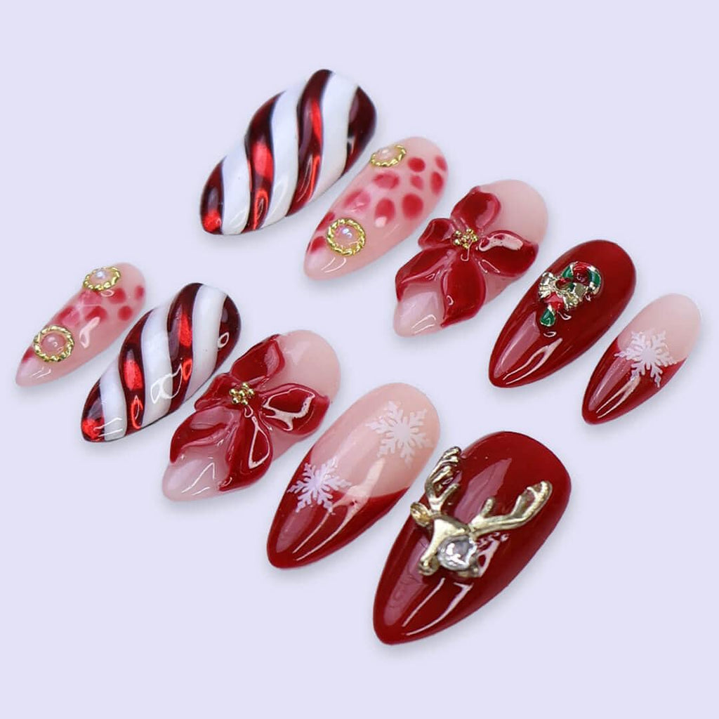 Christmas Press On Nails | Red Candy Cane, Poinsettia & Reindeer Design | Medium Almond | Handmade Holiday Nail Art